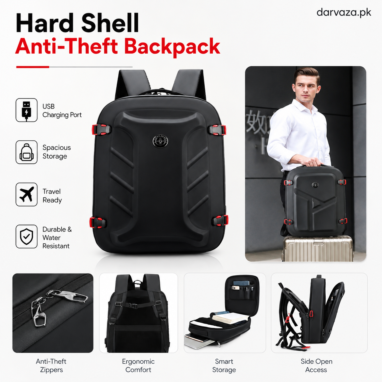 Black with Red Bag Pack with USB Port and Anti-Theft