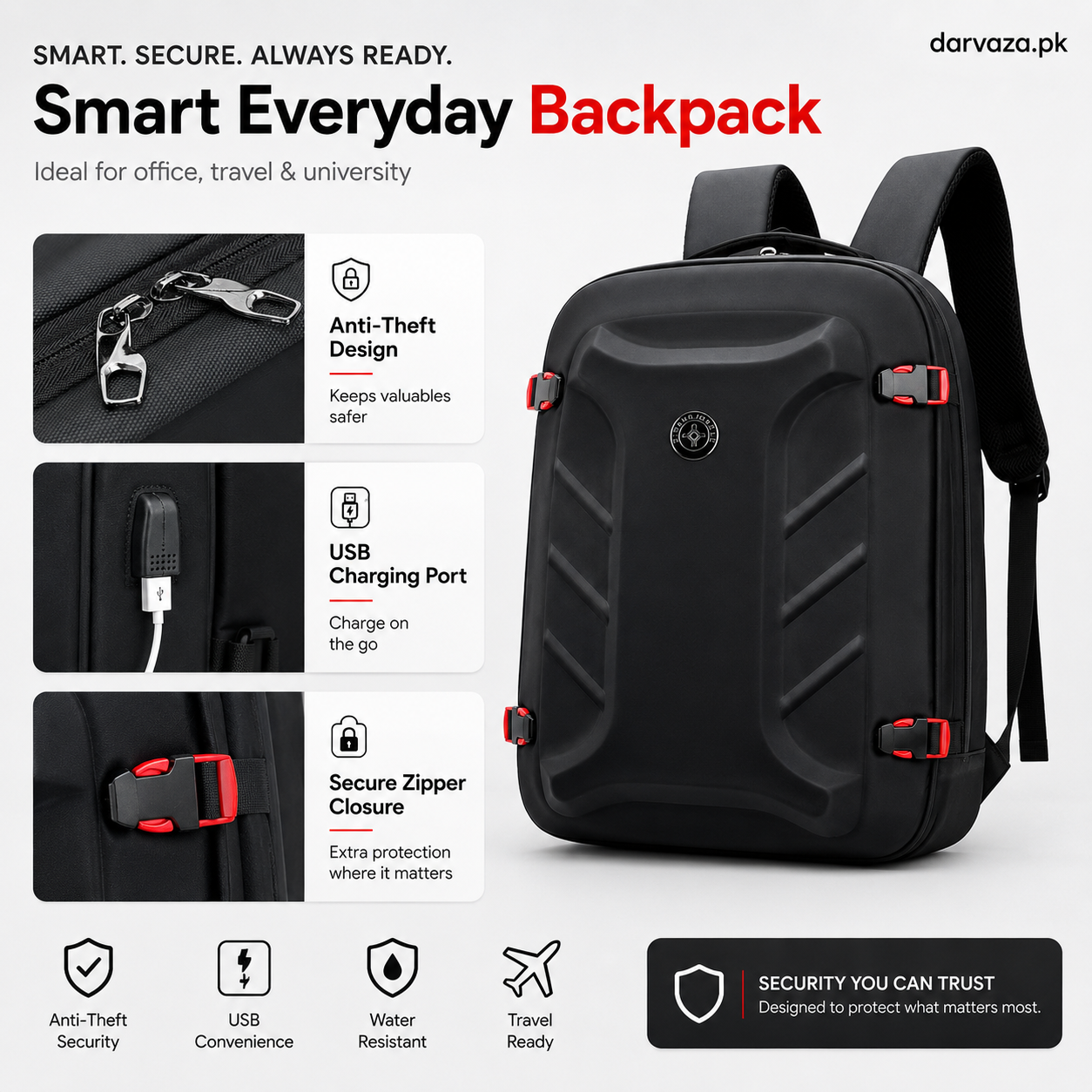 Black with Red Bag Pack with USB Port and Anti-Theft