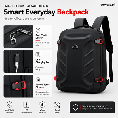 Black with Red Bag Pack with USB Port and Anti-Theft