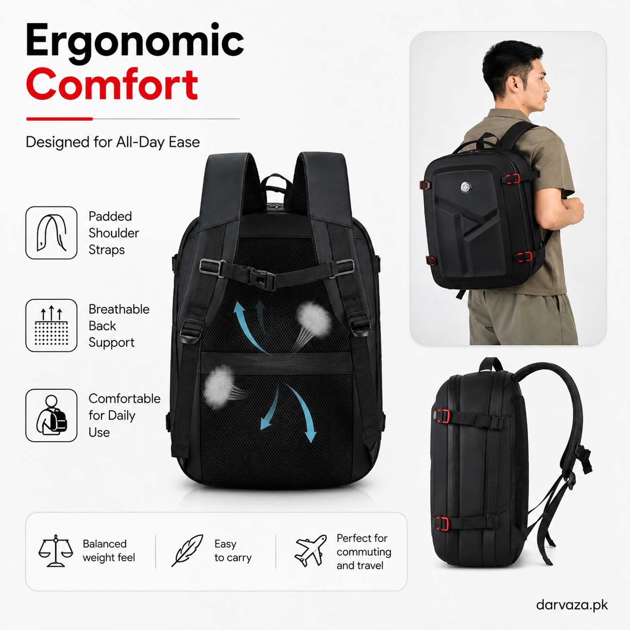 Black with Red Bag Pack with USB Port and Anti-Theft