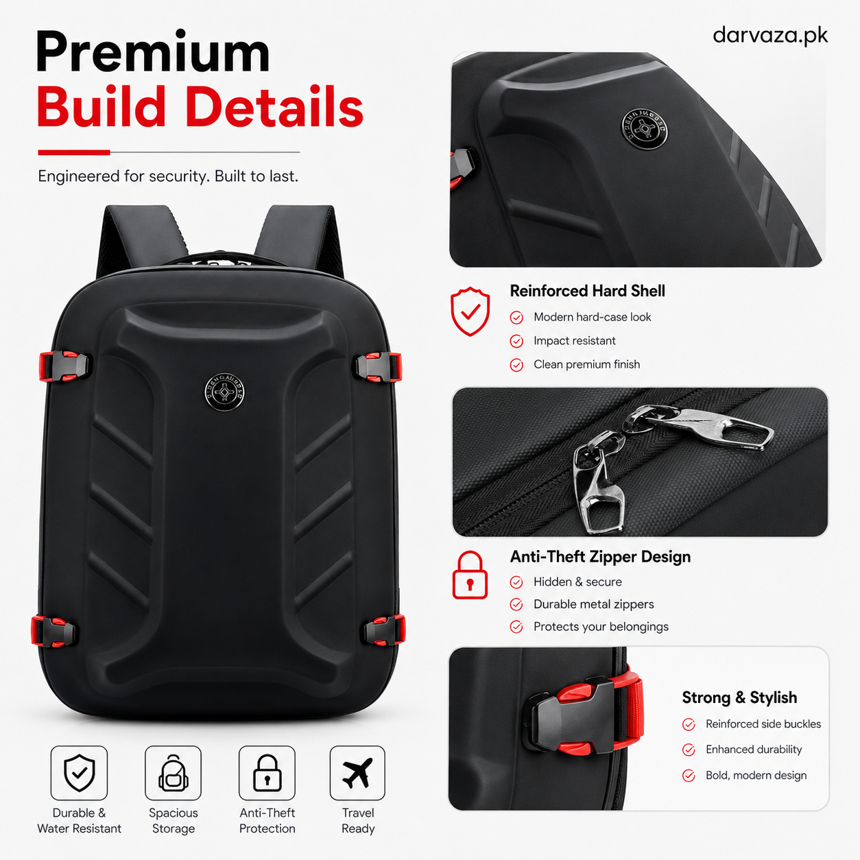 Black with Red Bag Pack with USB Port and Anti-Theft