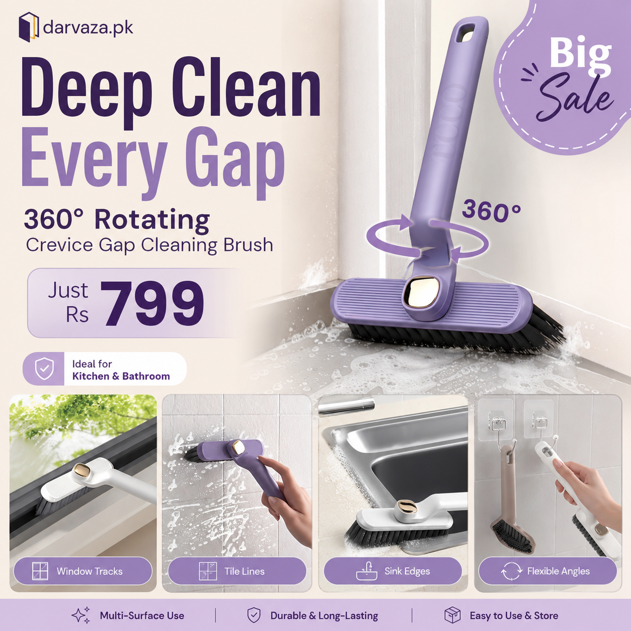 360° Rotating Crevice Gap Cleaning Brush with Cleaning Tool