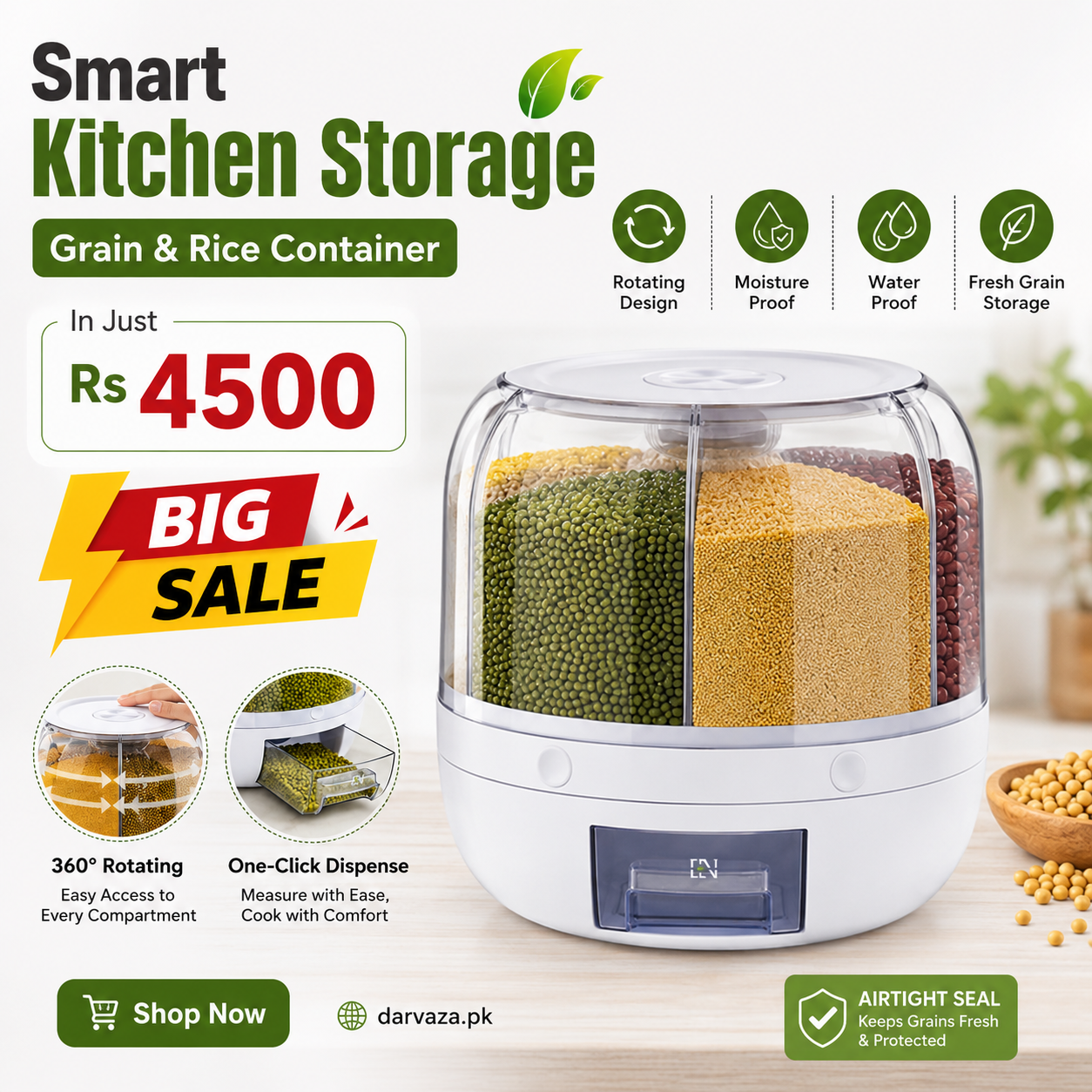 6 Grid Rotating Airtight Grain and Rice Container