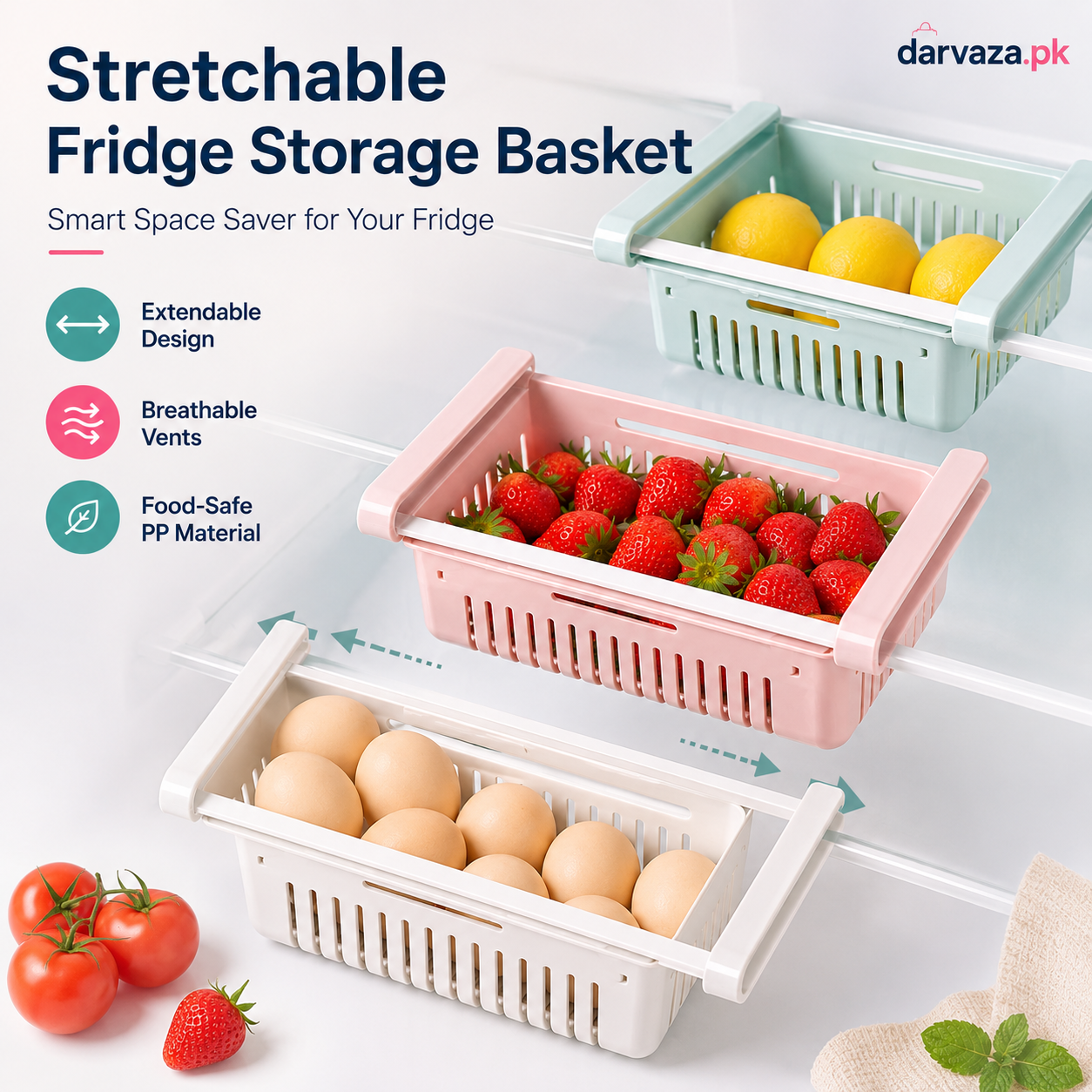 Buy 1 Get 1 Free – Adjustable Stretchable Fridge Storage Basket Racks Pack of 2