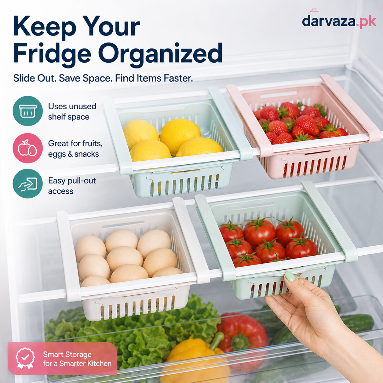 Buy 1 Get 1 Free – Adjustable Stretchable Fridge Storage Basket Racks Pack of 2