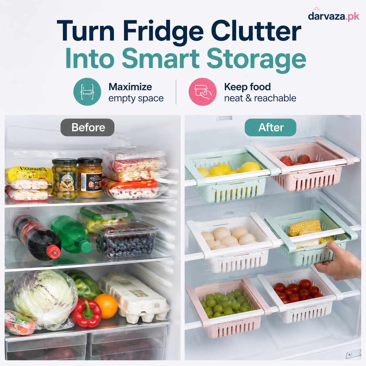 Buy 1 Get 1 Free – Adjustable Stretchable Fridge Storage Basket Racks Pack of 2
