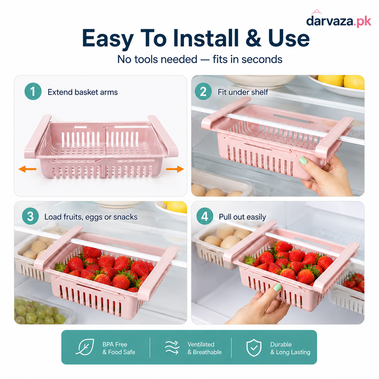 Buy 1 Get 1 Free – Adjustable Stretchable Fridge Storage Basket Racks Pack of 2