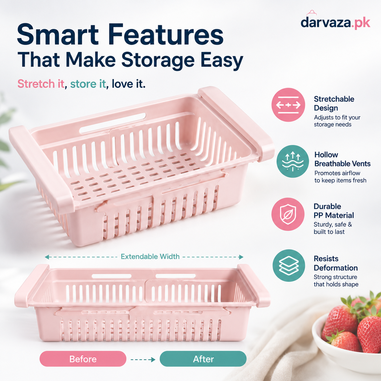 Buy 1 Get 1 Free – Adjustable Stretchable Fridge Storage Basket Racks Pack of 2