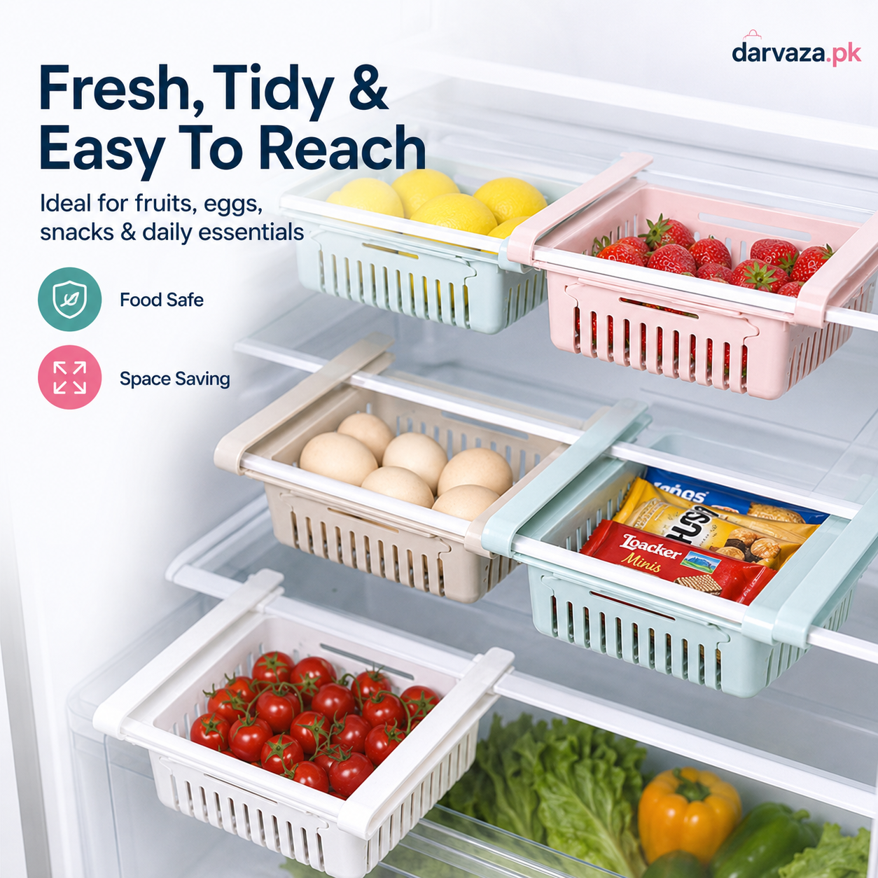 Buy 1 Get 1 Free – Adjustable Stretchable Fridge Storage Basket Racks Pack of 2