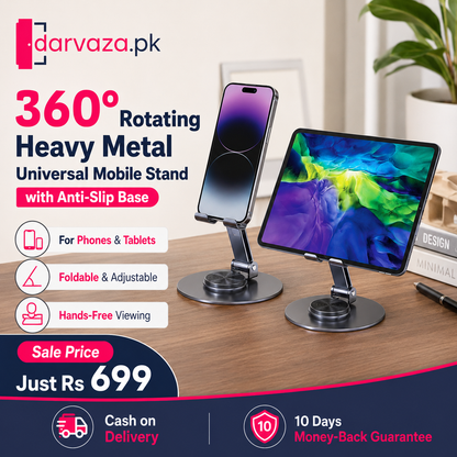 360° Rotating Heavy Metal Universal Mobile Stand with Anti-Slip Base for Desk and more – Foldable & Adjustable Holder
