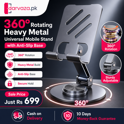 360° Rotating Heavy Metal Universal Mobile Stand with Anti-Slip Base for Desk and more – Foldable & Adjustable Holder