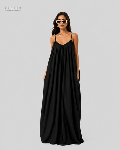 Black Backless Cami Gathered Maxi Dress with Back Flow