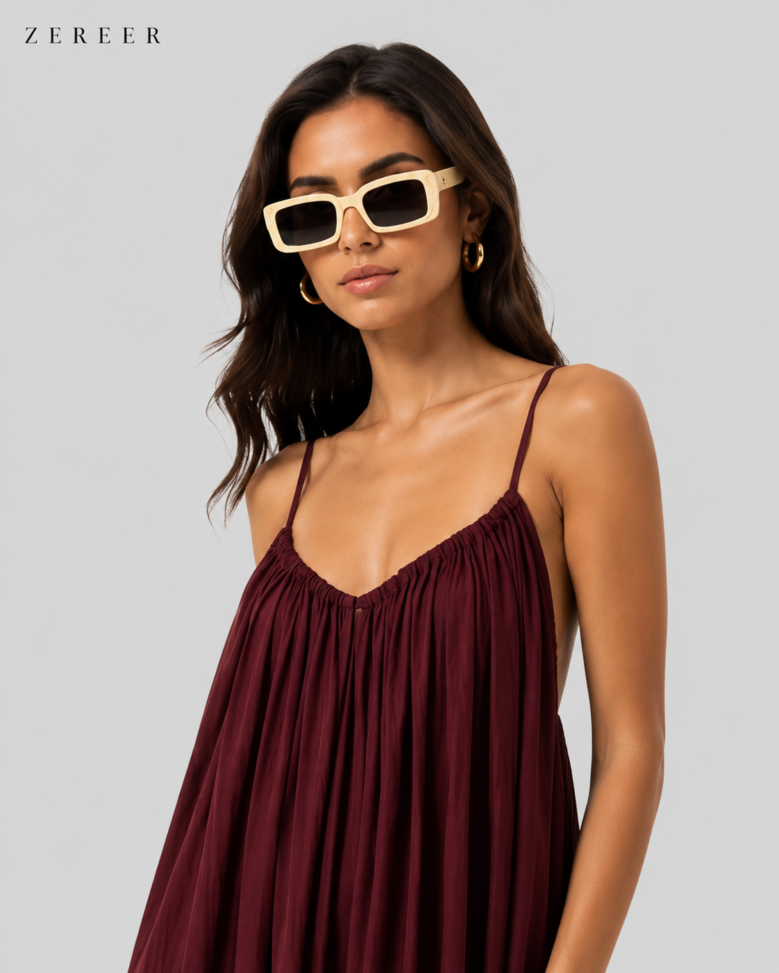 Maroon Backless Cami Gathered Maxi Dress with Back Flow