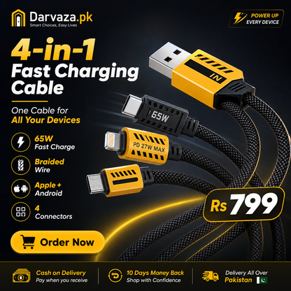 4-in-1 Multi USB Charging Cable – USB-C to USB-C, USB-C to Lightning, USB-A to USB-C, USB-A to Lightning | Fast PD Charger Cord for iPhone, iPad, Samsung, MacBook, Android Devices