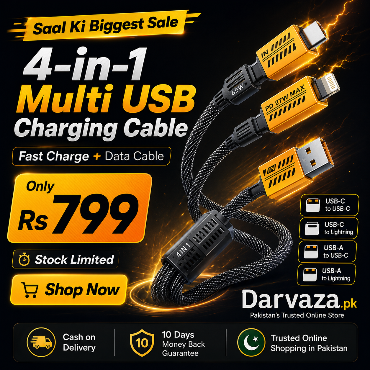 4-in-1 Multi USB Charging Cable – USB-C to USB-C, USB-C to Lightning, USB-A to USB-C, USB-A to Lightning | Fast PD Charger Cord for iPhone, iPad, Samsung, MacBook, Android Devices