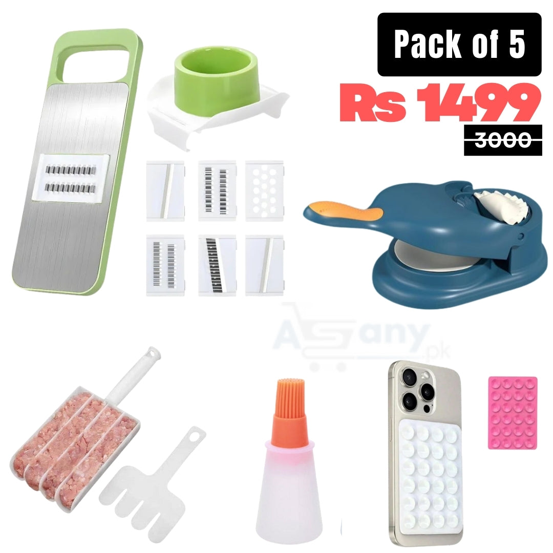 Ramzan Special 5 in 1 Kitchen Deal – Slicer, Samosa Maker, Pakora & Kofta Maker, Oil Brush Bottle & Mobile Holder – Only Rs.1499