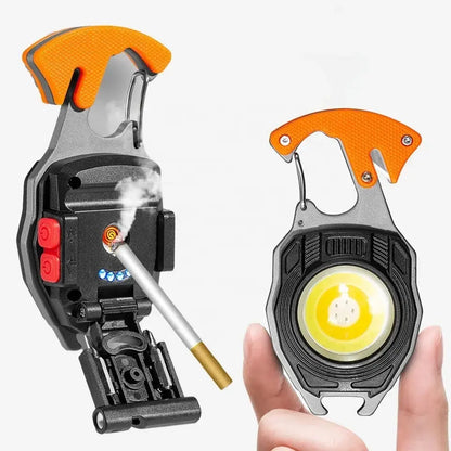 Rechargeable Magnetic Keychain With Cigarette Lighter 7 Modes Torch Light Cutter Screw Driver and more
