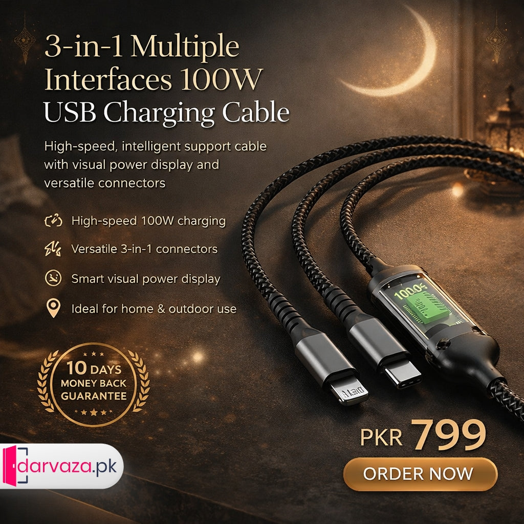 3 in 1 Multiple Interfaces 100W USB Charging Cable with Intelligent Support and Visual Power For Home and Outdoor Use