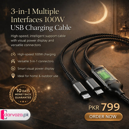 3 in 1 Multiple Interfaces 100W USB Charging Cable with Intelligent Support and Visual Power For Home and Outdoor Use