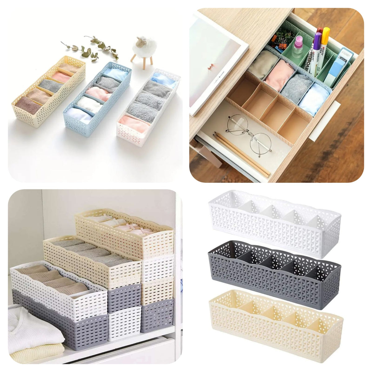 (Pack of 2) Plastic 5 Grids Storage Box Organizer Wardrobe Basket