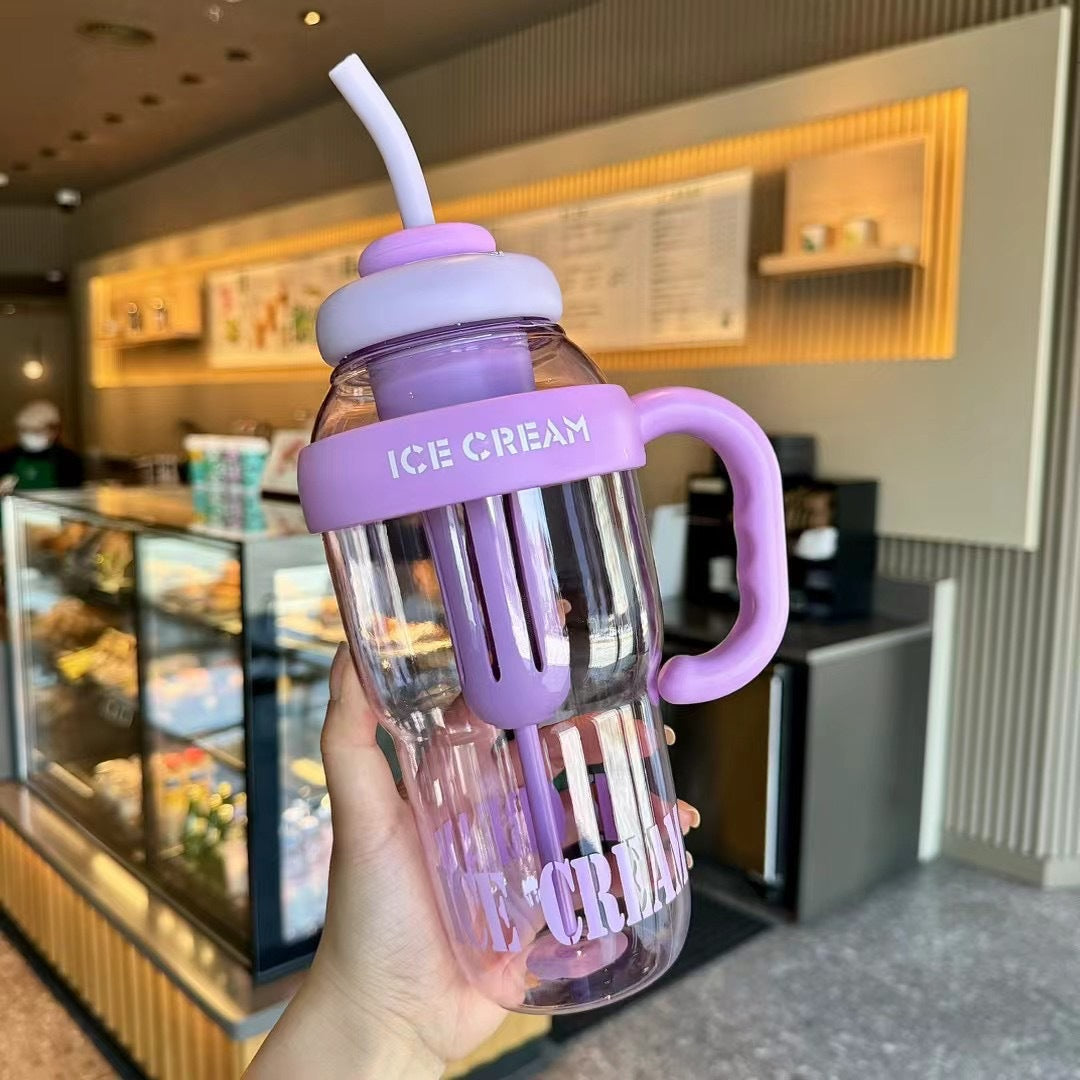 Ice Cream Water Bottle with Straw & Handle – Aesthetic Double-Layer Tumbler | Leakproof & BPA-Free