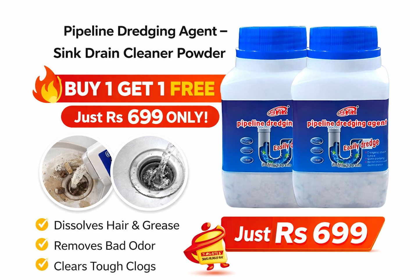BUY 1 GET 1 FREE Pipeline Drain & Sink Cleaner with Premium Deep Cleaning Powder Formula